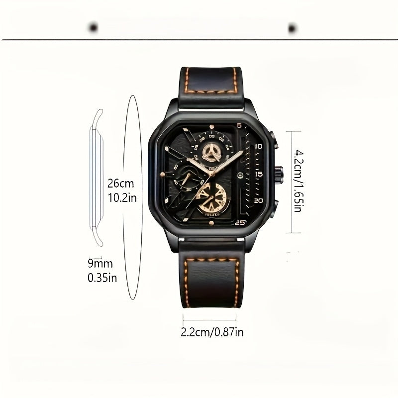 1 Casual Men's Quartz Watch, PU Leather Strap Business Watch Set Suitable for All Occasions, Jewelry Gift for Dad, Boyfriend, Suitable for All Festivals (Box Not Included)