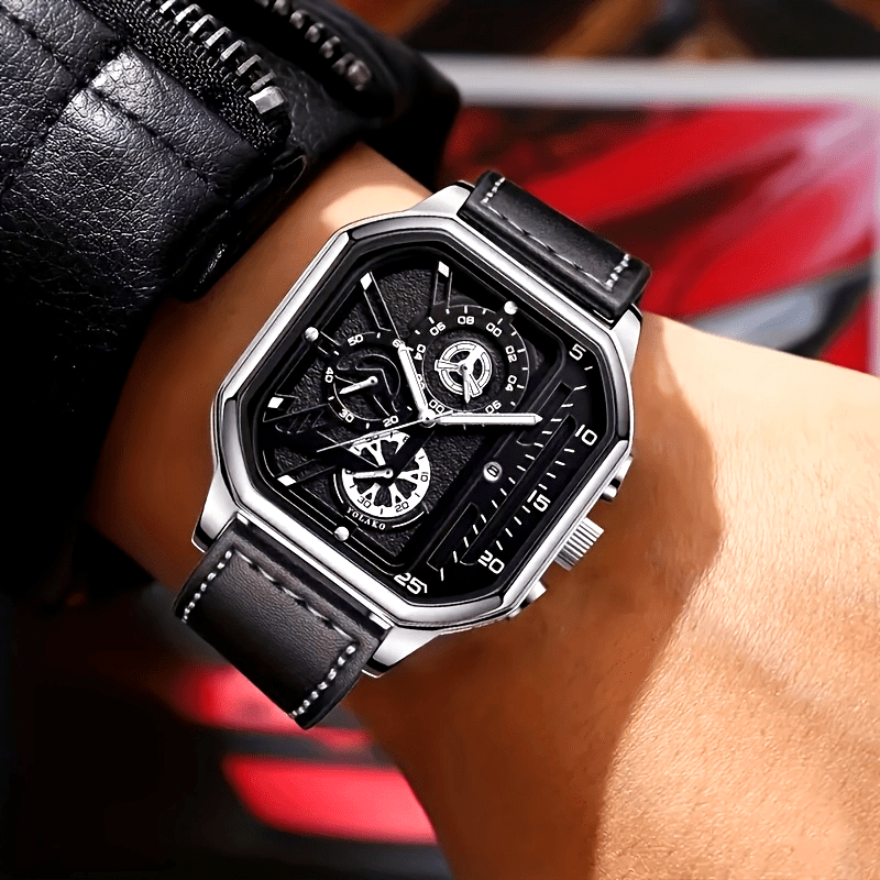 1 Casual Men's Quartz Watch, PU Leather Strap Business Watch Set Suitable for All Occasions, Jewelry Gift for Dad, Boyfriend, Suitable for All Festivals (Box Not Included)